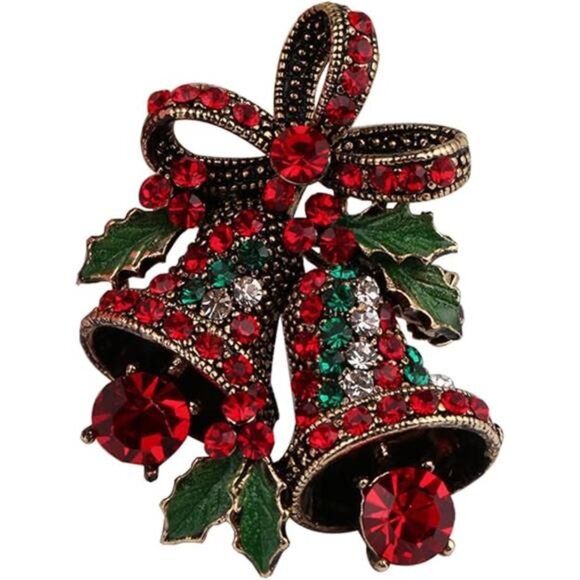 Elegant Vintage Christmas Bell Brooch – Red & Green Rhinestone Holiday Pin - Picture 7 of 7